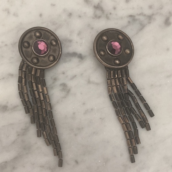 Ben-Amun Vintage Bronze Long Earrings Clip On Purple Stone - Picture 2 of 7